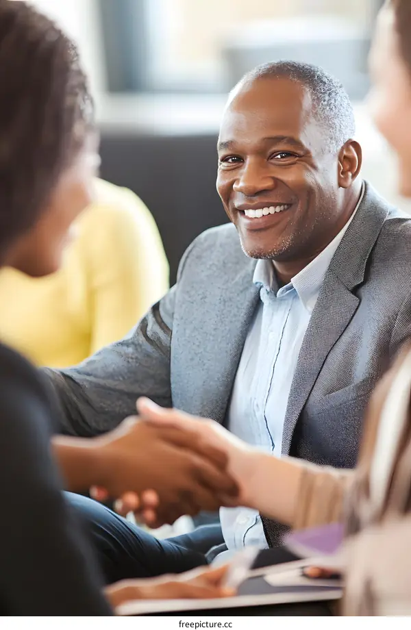 African American Businessman Shaking Hands with a Woman in a Meeting