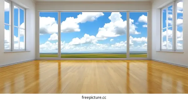 Empty Room with Large Window View of Green Field and Blue Sky