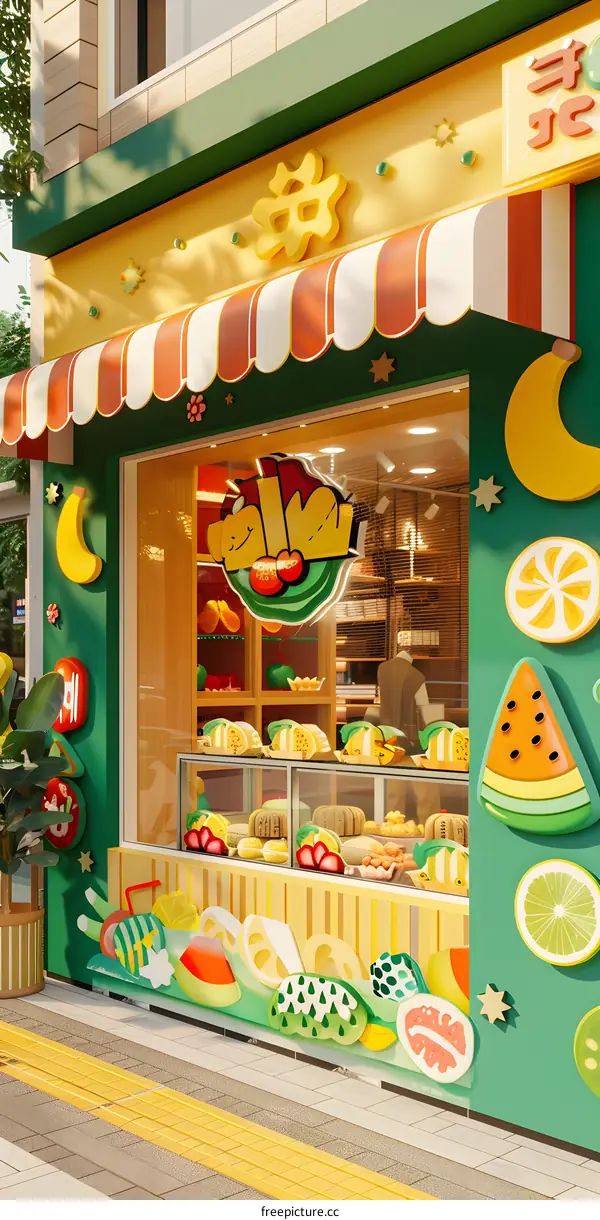 Cartoon Illustration of a Fruit Shop With Colorful Design