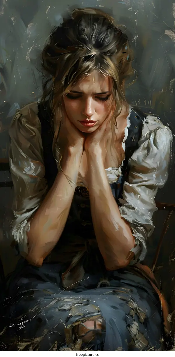 Portrait of a young woman with brown hair and blue eyes wearing a white dress with a blue sash