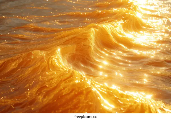 Golden waves of the sea surface illuminated by the sun