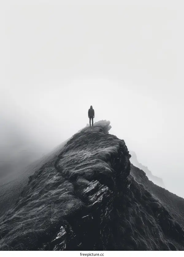 Man standing alone on a cliff edge looking out at a foggy landscape
