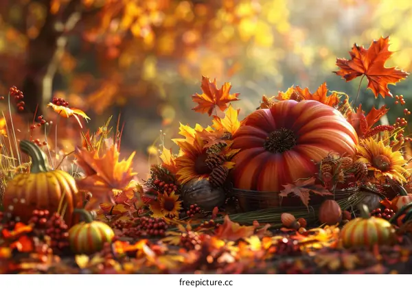 Vibrant Autumn Display of Pumpkins, Gourds, and Foliage