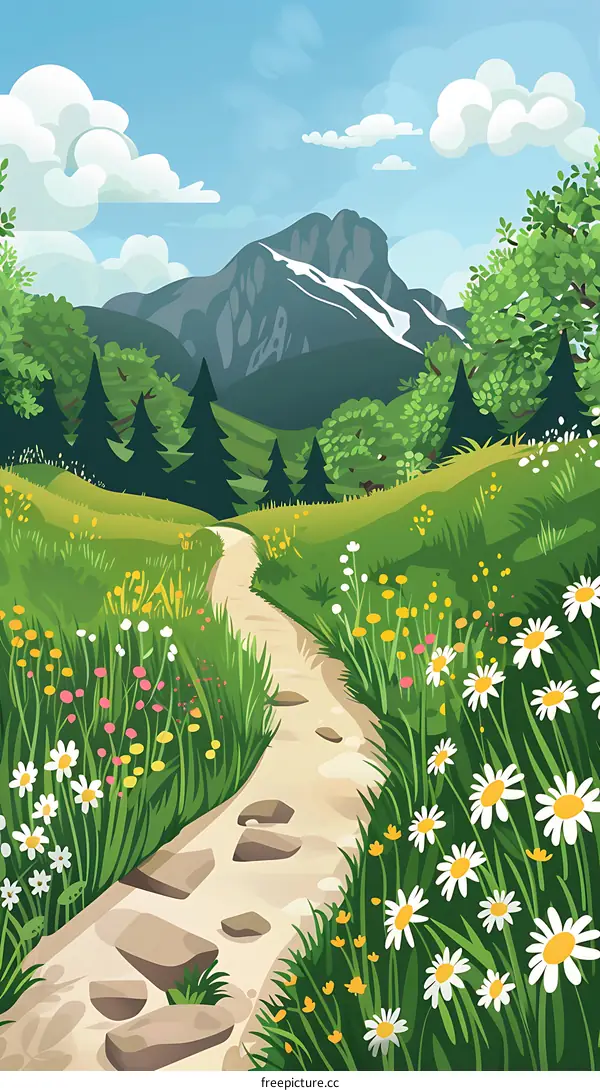 Mountain Path Through Lush Green Fields and Daisies