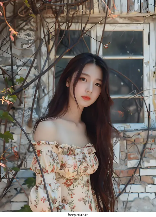 Beautiful Asian Woman With Long Hair Wearing a Floral Dress