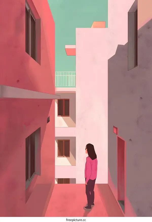 Woman in Pink Jacket Standing in Alleyway of Colorful Buildings