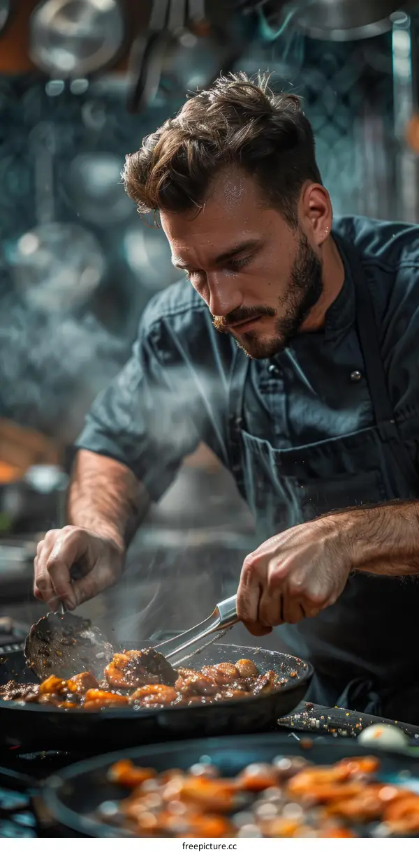 Focused male chef cooking in a restaurant kitchen