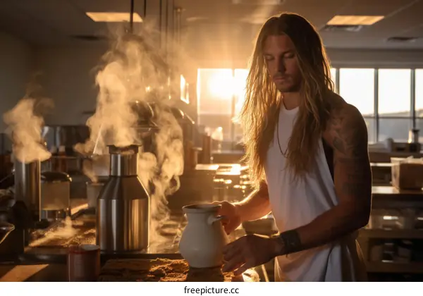 Male with long blond hair holding a white jug in a commercial kitchen