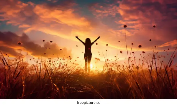 woman standing in a field of flowers with her arms raised in the air
