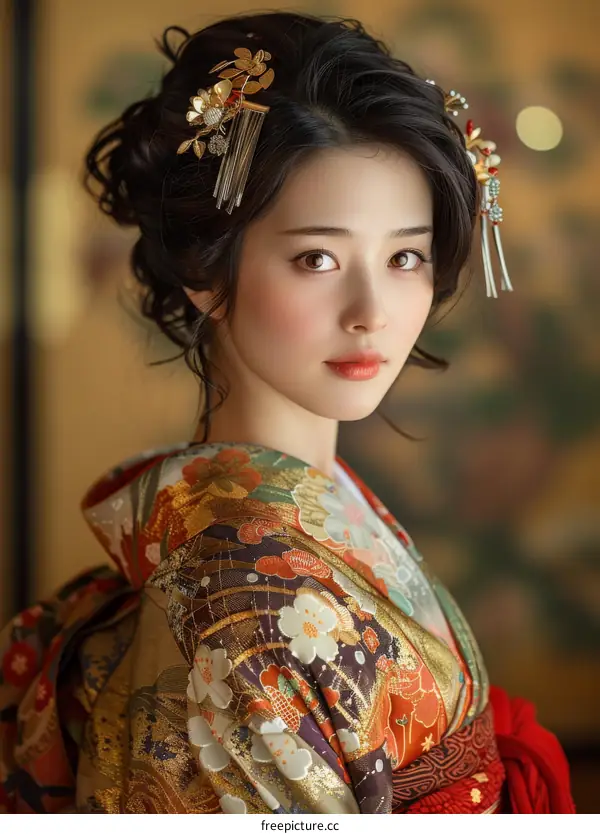 Portrait of a beautiful Japanese woman in traditional kimono