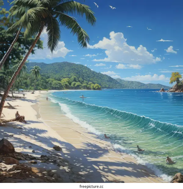 An illustration of a tropical beach with palm trees, blue water, and people swimming and relaxing on the sand