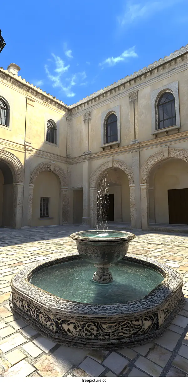 Stone Fountain in a Courtyard with Arches