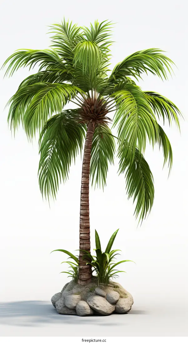 A tall palm tree with green leaves on a small rocky hill.