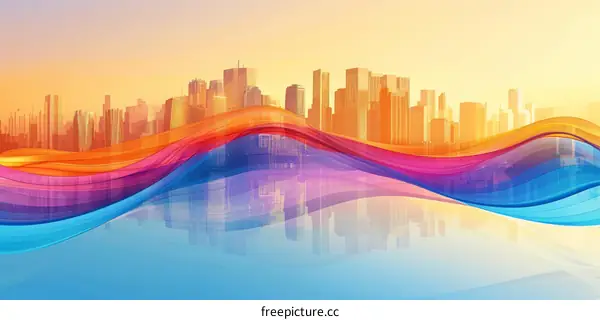 Abstract Urban Cityscape with Vibrant Colorful Waves