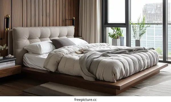 Comfy and Modern Wood Platform Bed with Cushioned Headboard