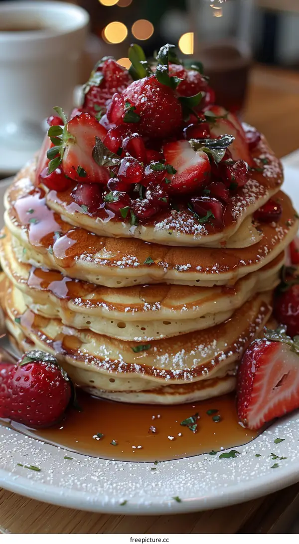 A decadent plate of pancakes topped with strawberries, pomegranate seeds, and mint