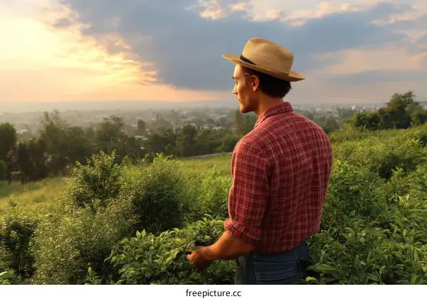 Sunrise View from Tea Plantation with Farmer