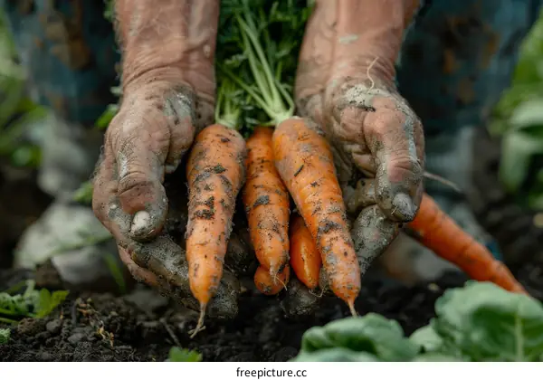 A farmer's hands holding freshly-harvested carrots