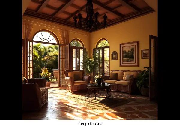 Tropical Living Room Interior Design With Wicker Furniture and Palm Trees