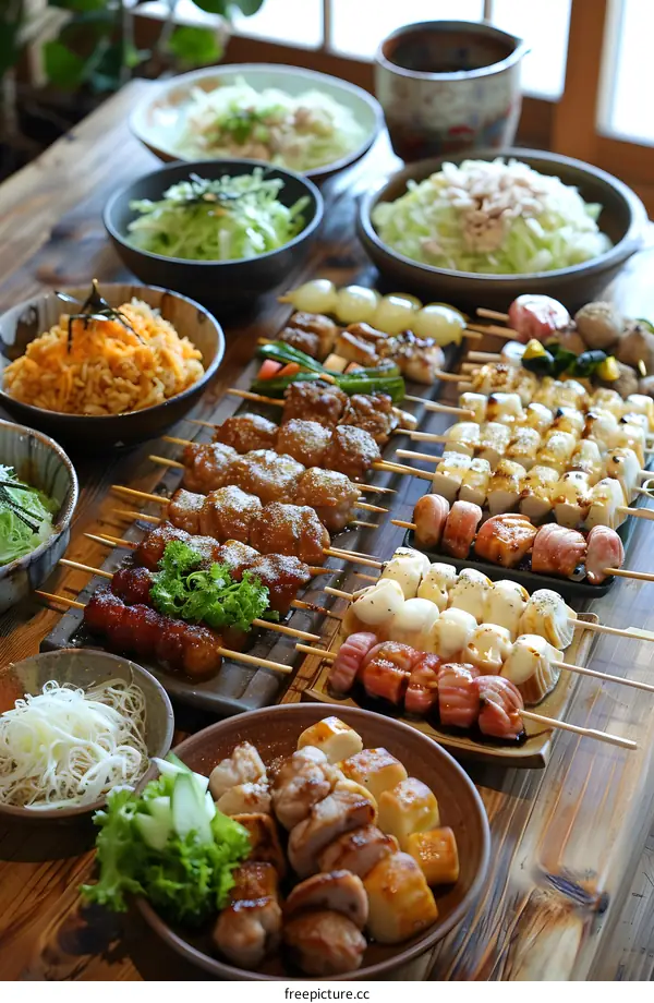 Assorted Japanese Skewers on a Table