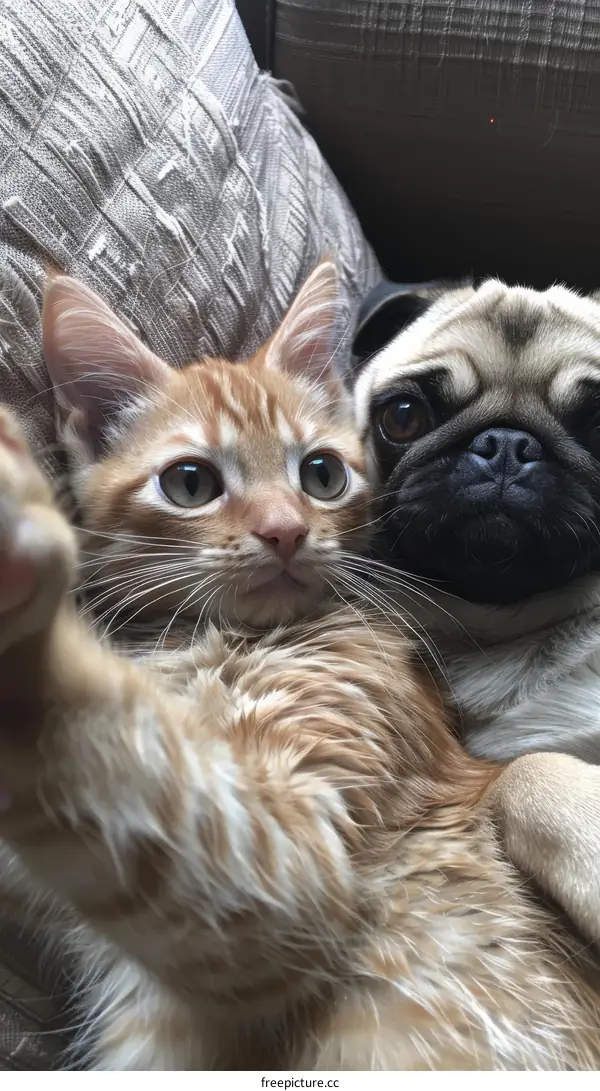 Ginger Cat and Pug Taking a Selfie