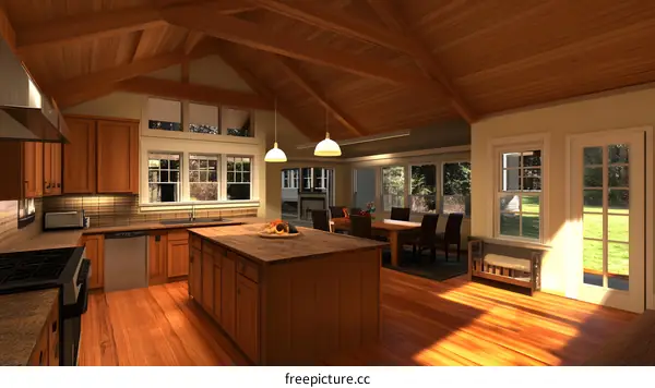 Modern Kitchen Design with Vaulted Ceiling and Wooden Beams