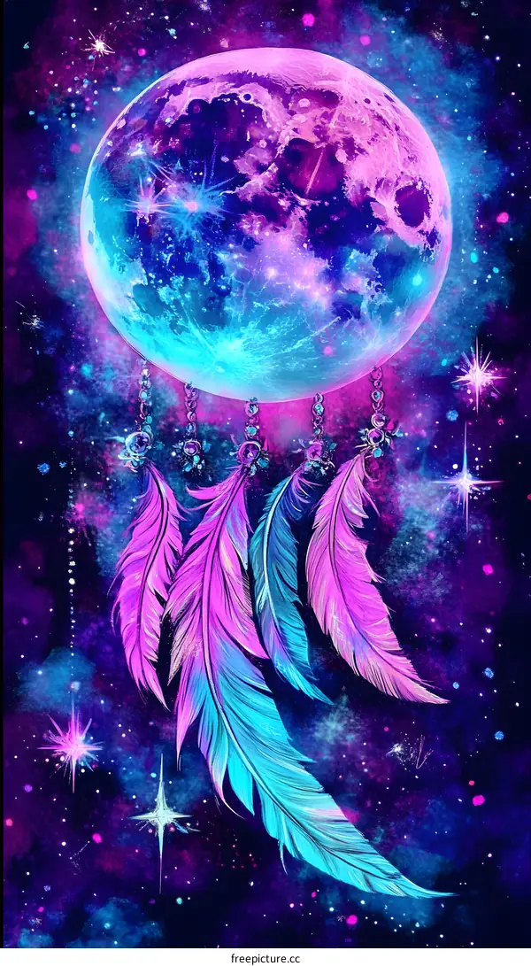 Abstract Galaxy Dreamcatcher with Moon and Feathers