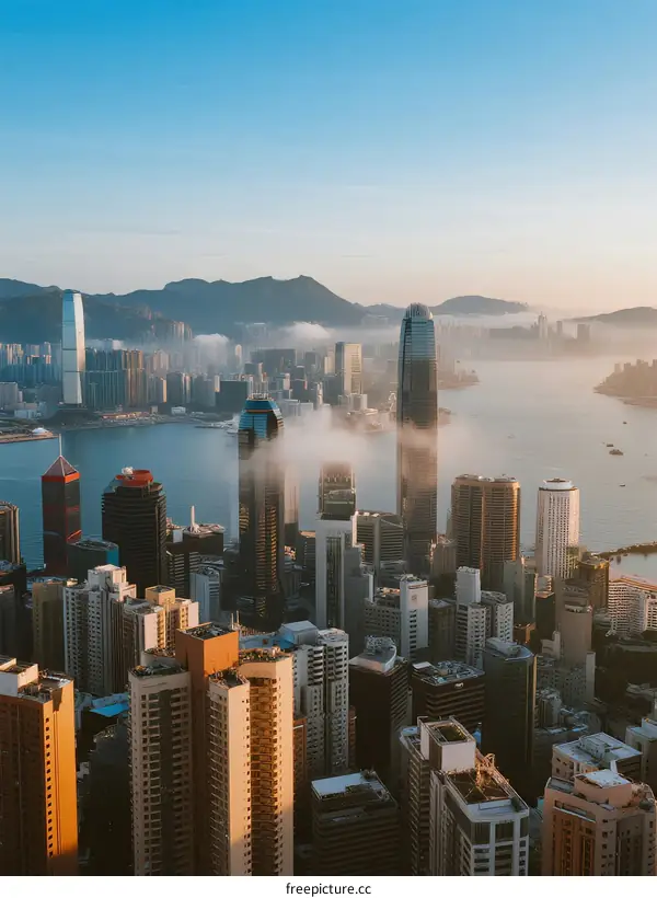 Aerial View of Modern Cityscape with Mist Over Water