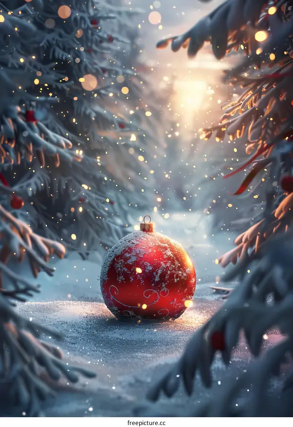 Winter Christmas Scene with Red Ornament