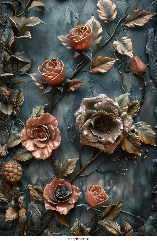 Exquisite Metal Wall Art with Copper Roses and Leaves