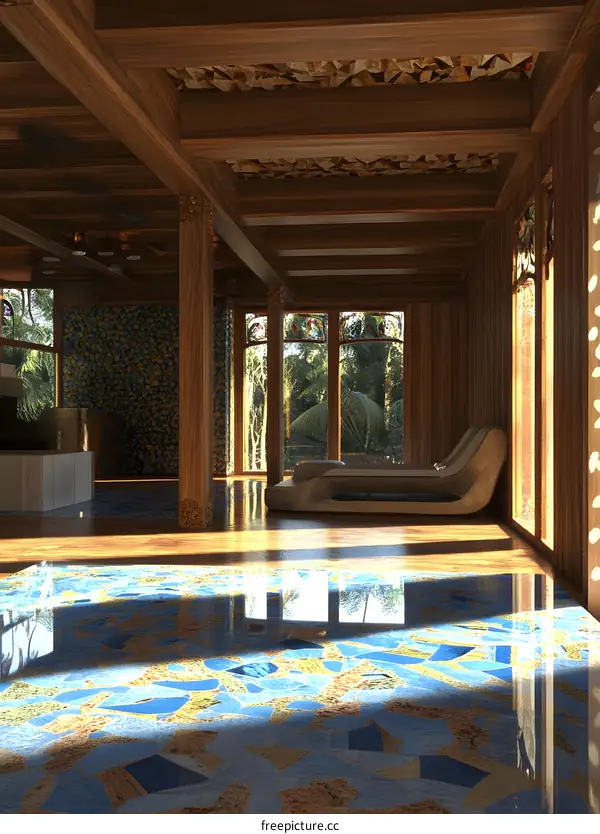 Modern Interior Design with Wooden Beams and Stained Glass Windows