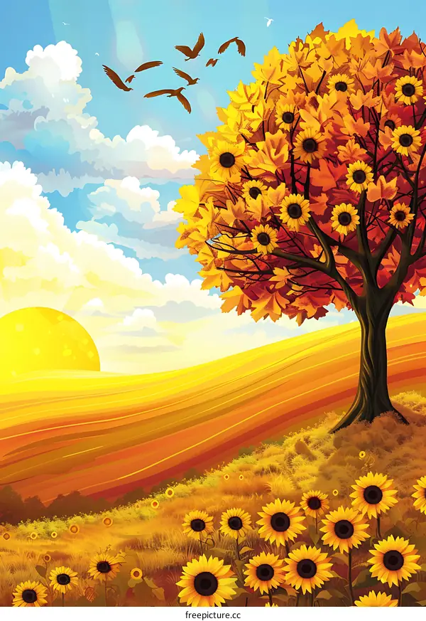 Sunflowers and Maple Tree in Autumn Landscape