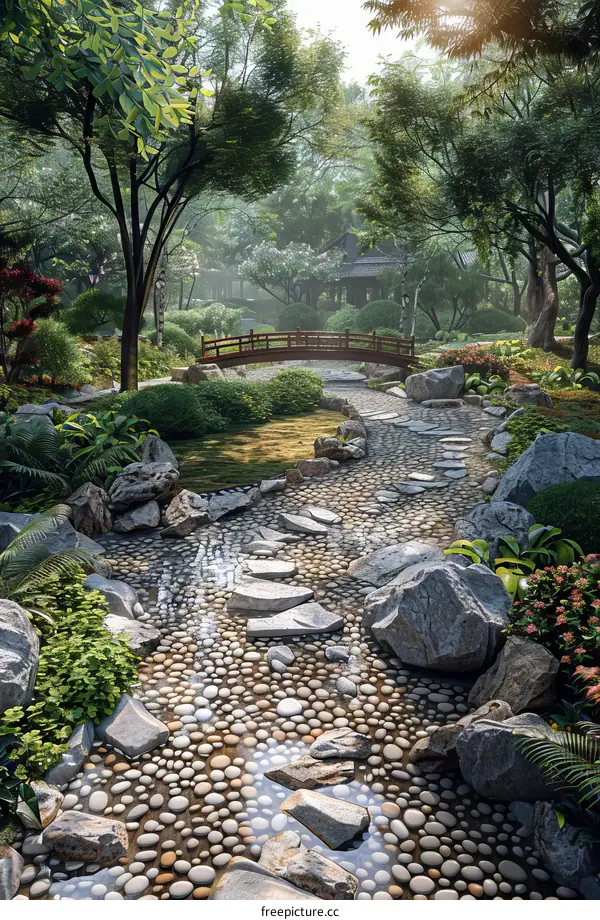 Tranquil Japanese Garden with Stone Bridge and Water