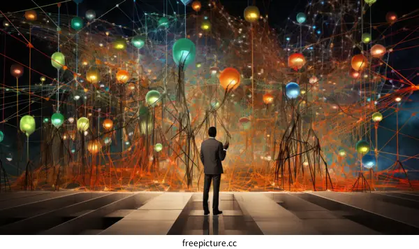 A man standing in front of a colorful network of interconnected spheres