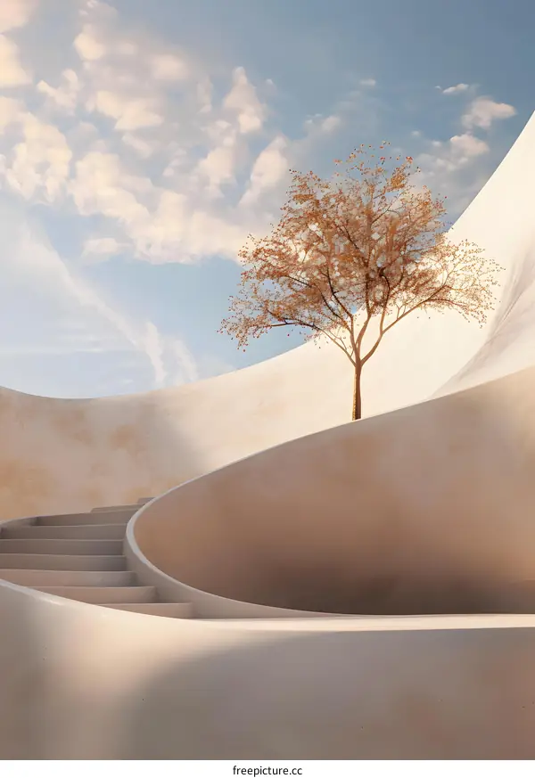 Abstract Minimalist Architectural Design with Curved Concrete Stairs and a Single Tree