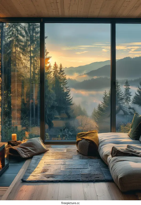 A cozy living room with a large glass window looking out onto a beautiful mountain landscape