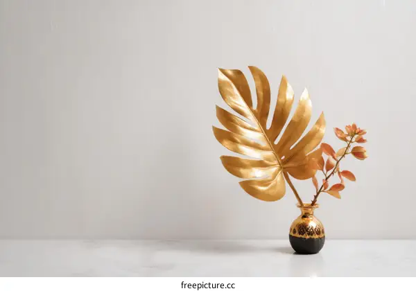 Gold Leaf Plant Arrangement on Marble Surface