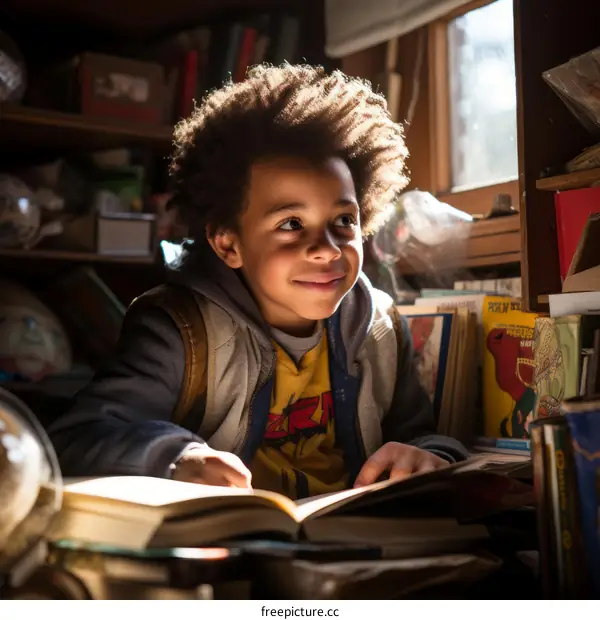 Young boy reading a book in a library