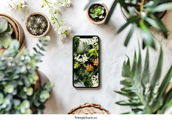 White Marble Table With Green Plants And Smartphone Displaying Floral Garden