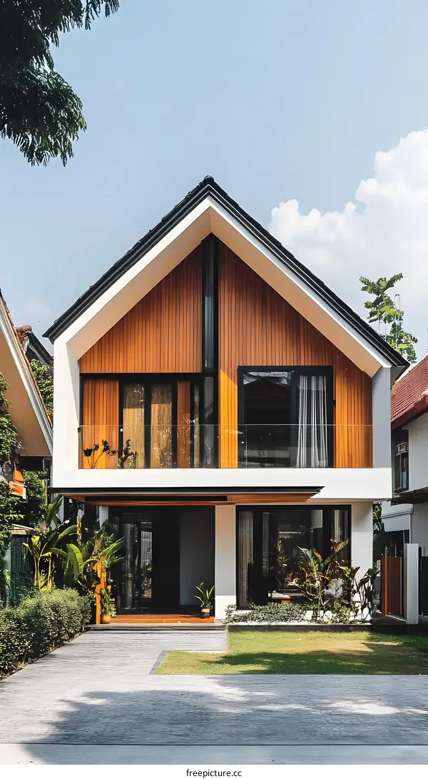 Modern House with Wooden Exterior and a Large Front Yard