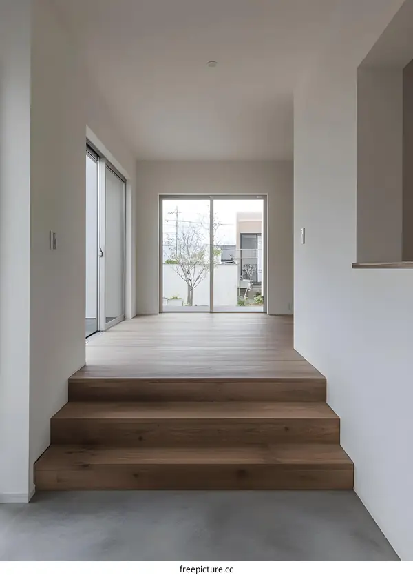 Modern Minimalist Home Interior With Wooden Stairs And Sliding Doors