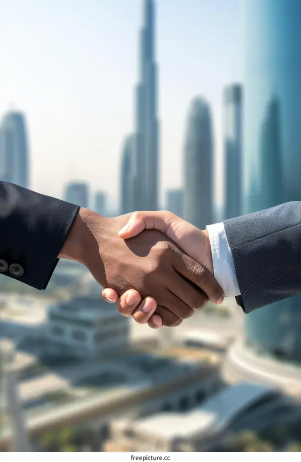 Business handshake agreement in Dubai with a blurred background of skyscrapers.