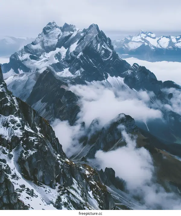 Aerial View of Snowy Mountains with Clouds