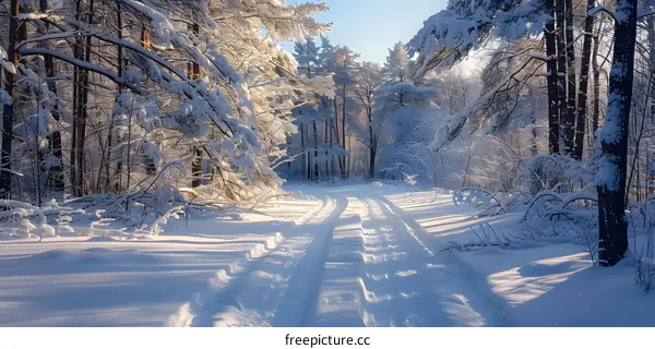 Snowy Forest Path with Sunlight in Winter