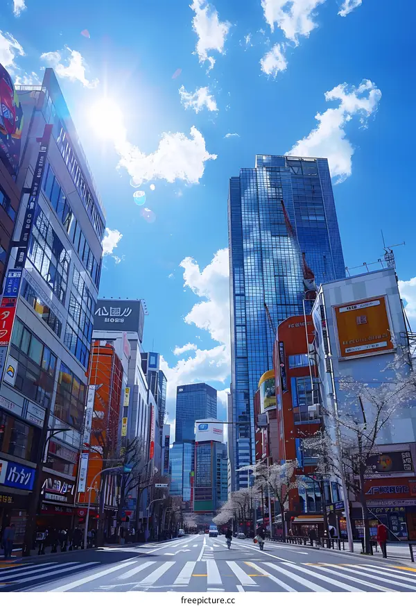 Tokyo Street View with Blue Sky and Skyscrapers