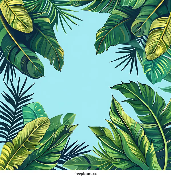 Tropical Leaves Frame with Blue Background