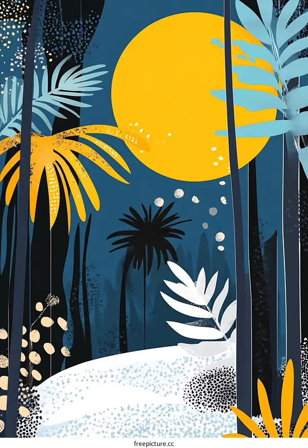 Abstract Tropical Night Illustration With Palm Trees and Full Moon