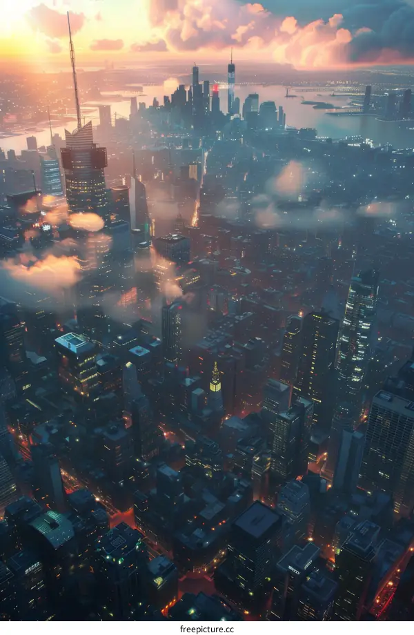 Aerial View of a Futuristic City at Dawn