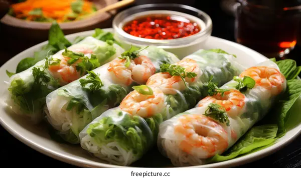 Fresh and healthy Vietnamese spring rolls with shrimp and vegetables