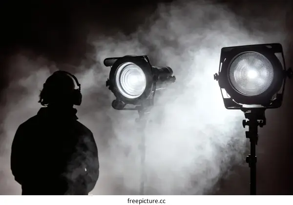Silhouette of a lighting technician in a studio